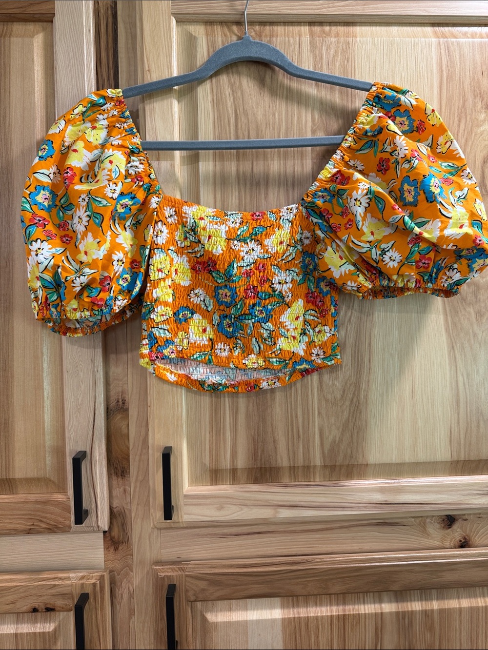 NWT ZARA Size M Orange Floral Smocked Puff-Sleeve Crop Top Peasant Prairiecore - Picture 6 of 10